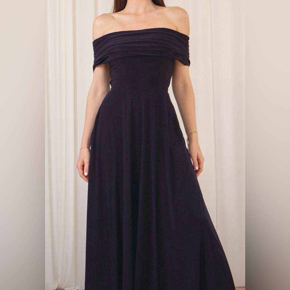 NWT AYM Off-Shoulder Maxi Dress – Soft Navy Blue Corset Waist Pockets Size M